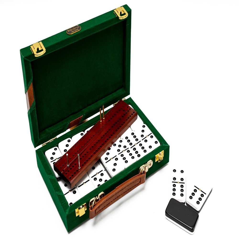 Bello Games New York, Inc. Fashion Avenue Double Six Designer Double Six Two Tone Dominoes Professional Jumbo Size Tournament Set with Spinners and Score Board