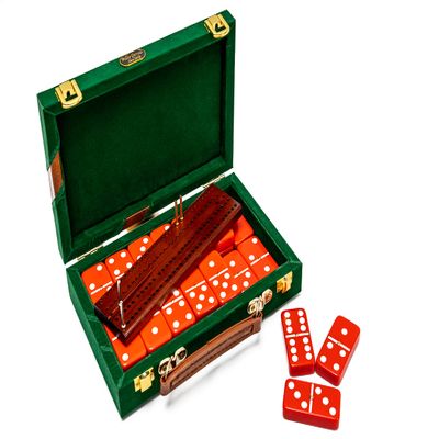 Bello Games New York, Inc. Fashion Avenue Double Six Designer Double Six Red Dominoes Professional Jumbo Size Tournament Set with Spinners and Score Board