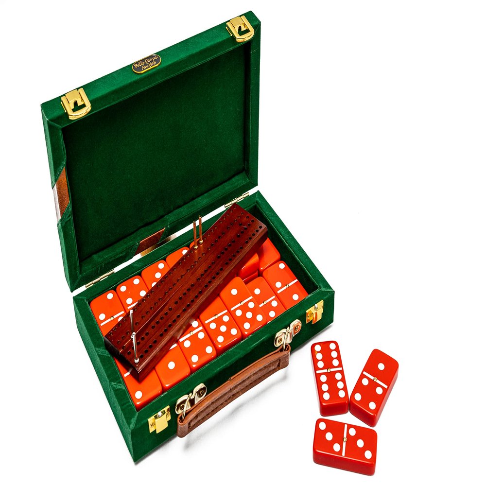 Bello Games New York, Inc. Fashion Avenue Double Six Designer Double Six Red Dominoes Professional Jumbo Size Tournament Set with Spinners and Score Board