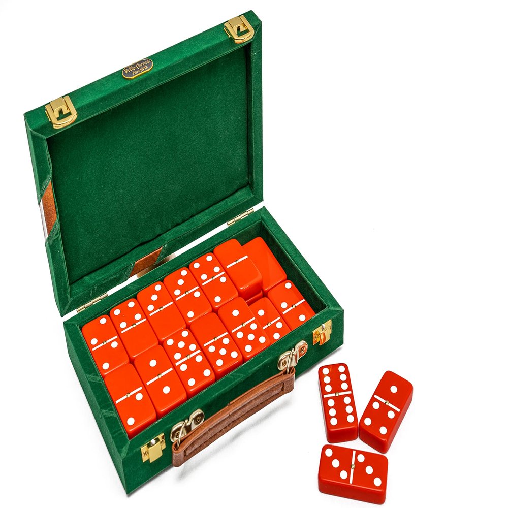 Bello Games New York, Inc. Fashion Avenue Designer Case Double Six Red Professional Jumbo Size Tournament Dominoes Set with Spinners in a Green Velour Case