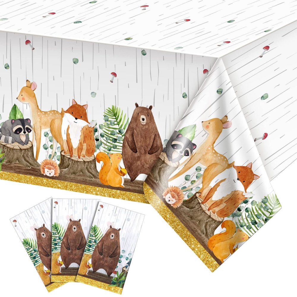 3 Pcs Woodland Tablecloth, Woodland Animals Baby Shower Decorations Forest Animals Table Covers for Baby Shower Table Cloth (Boy)