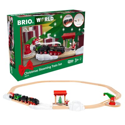 BRIO World - Christmas Steaming Train - Battery-Operated Train - 27-Pc Motorized Steam Engine for Wooden Track with Lights and Kid-Friendly Steam - Interactive Play with Forward/Reverse - for Kids 3+