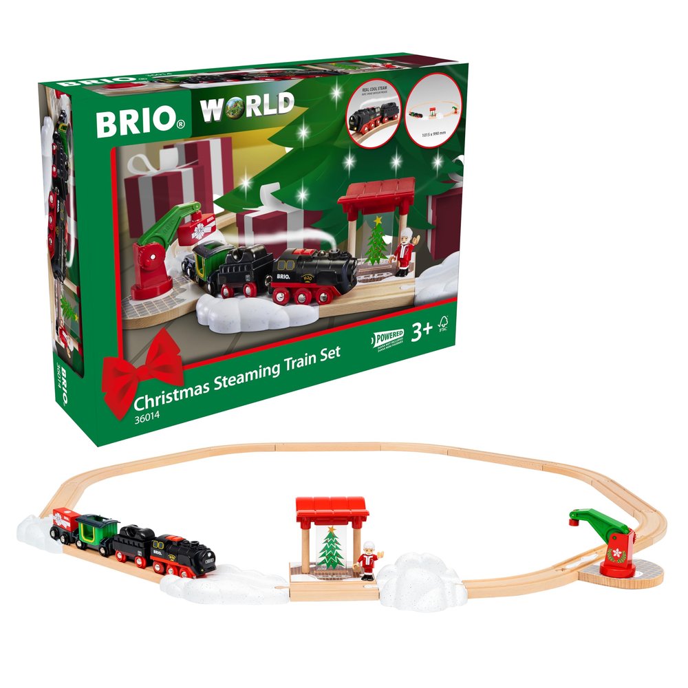 BRIO World - Christmas Steaming Train - Battery-Operated Train - 27-Pc Motorized Steam Engine for Wooden Track with Lights and Kid-Friendly Steam - Interactive Play with Forward/Reverse - for Kids 3+