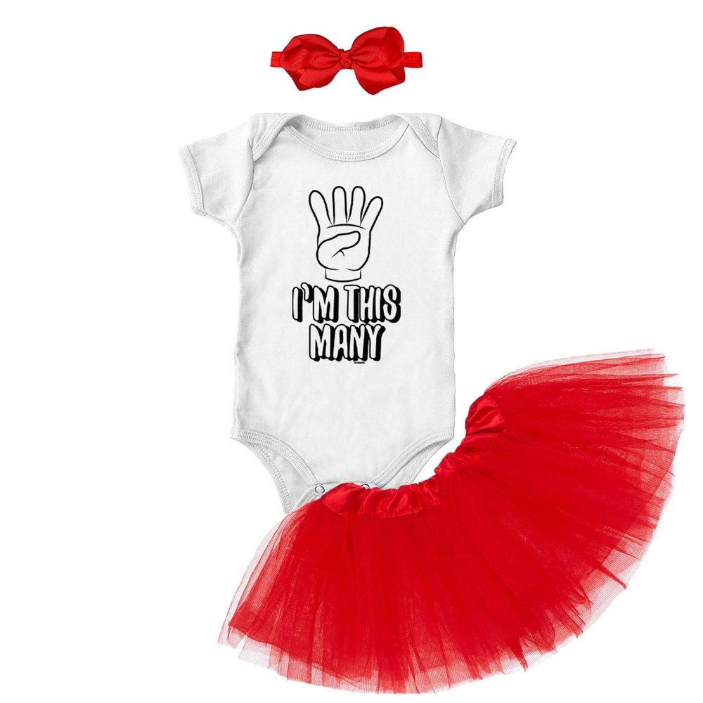 "I'm This Many 4 - Four Year Old Birthday Baby Bodysuit + Tutu Skirt + Bow Headband Set (White Bodysuit/Red Tutu, 24 Months)"