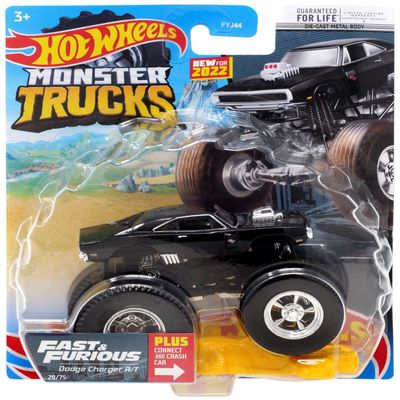 DieCast Hot Wheels Monster Trucks Fast & Furious Dodge Charger R/T (Black) 29/75 - 1:64 Scale Truck with Connect and Crash Car
