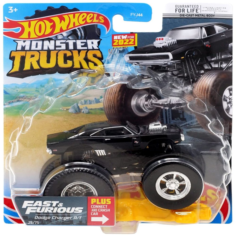 DieCast Hot Wheels Monster Trucks Fast & Furious Dodge Charger R/T (Black) 29/75 - 1:64 Scale Truck with Connect and Crash Car