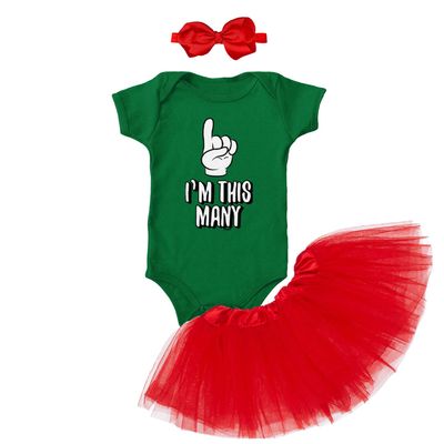 Tcombo I'm This Many 1 - One Year Old Birthday Baby Bodysuit + Tutu Skirt + Bow Headband Set (Green Bodysuit/Red Tutu, Newborn)