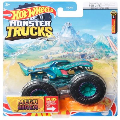 DieCast Hot Wheels Monster Trucks Mega Wrex (Teal) 31/75 - 1:64 Scale Truck with Connect and Crash Car