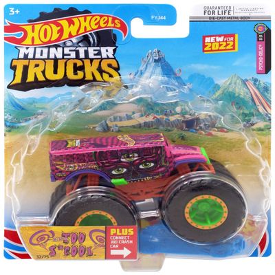 DieCast Hot Wheels Monster Trucks Too S'Cool Bus (Pink) 32/75 - 1:64 Scale Truck with Connect and Crash Car