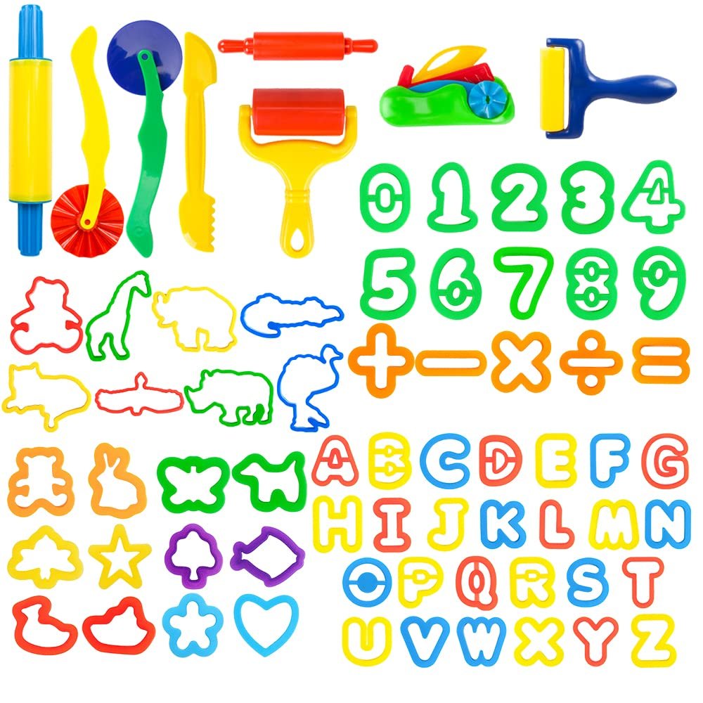 Pecopcock Letter Molds Tools Set for Kids 69Pcs Accessories, Rollers and Cutters, Numeral Various Plastic Animal Molds and Art Clay Tools for Creative Cutting