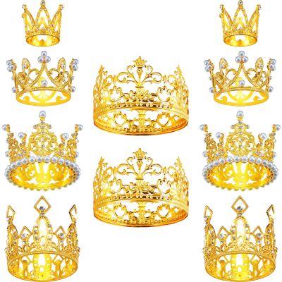 10 Pieces Crown Cake Topper Birthday Mini Crown Pearl Crystal Tiara Vintage Small Metal Decorations for Wedding Birthday Baby Shower Party, 5 Styles (Gold)