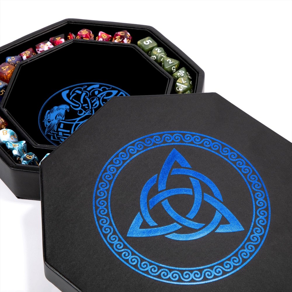 DND Dice Tray - Premium 9 Inch Tray Dungeons and Dragons - Exquisitely Detailed Blue World Tree & Triquetra Design - Perfect Rolling & Box Storage to Protect Your Dice for D&D and RPG