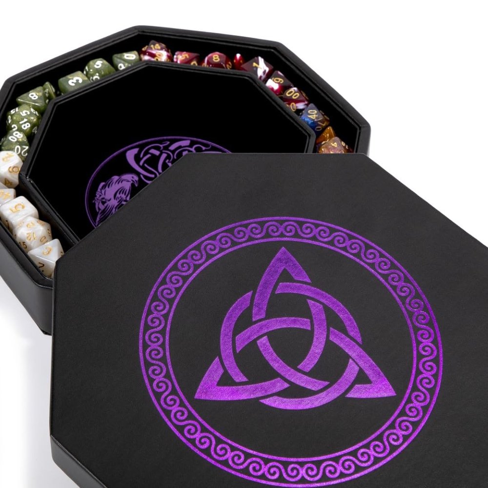 DND Dice Tray - Premium 9 Inch Tray Dungeons and Dragons - Exquisitely Detailed Purple World Tree & Triquetra Design - Perfect Rolling & Box Storage to Protect Your Dice for D&D and RPG