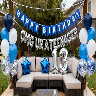 13th Birthday Decorations for Boys Girls, Blues Silver OMG UR A Teenager 13th Birthday Decoration, Happy 13 Birthday Banner Number 13 Balloons, Star Foil Balloons for 13 Years Birthday Boys(13th)