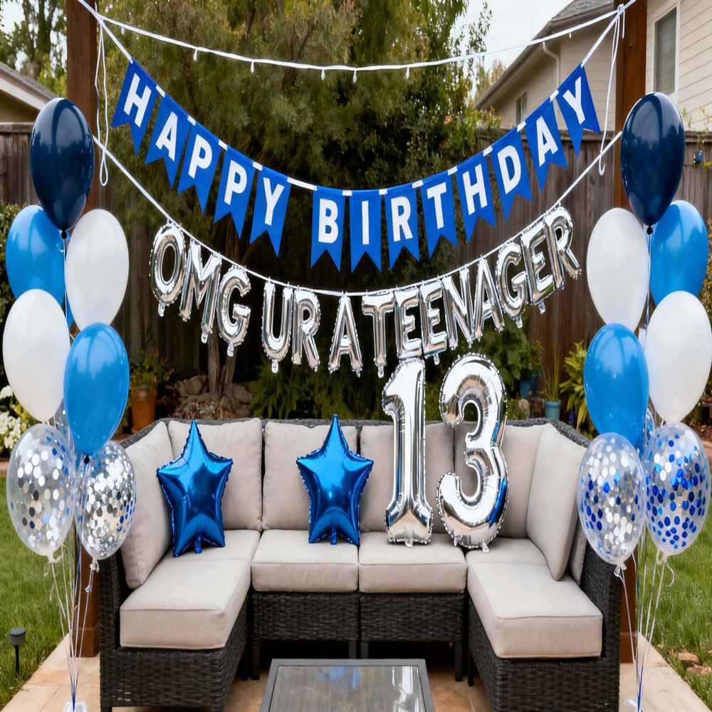 13th Birthday Decorations for Boys Girls, Blues Silver OMG UR A Teenager 13th Birthday Decoration, Happy 13 Birthday Banner Number 13 Balloons, Star Foil Balloons for 13 Years Birthday Boys(13th)