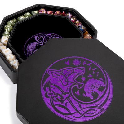 DND Dice Tray - Premium 9 Inch Tray for Dungeons and Dragons: Exquisitely Detailed Purple World Tree & Wolf Raven Design - Perfect Rolling & Box Storage to Protect Your Dice for D&D and RPG