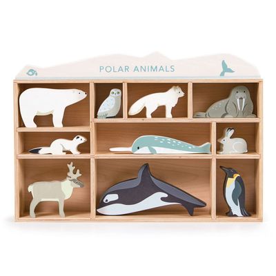 Tender Leaf Toys - Polar Animals - 10 Solid Wood Polar Animals with Shelving Unit - Made for Little Hands, Improve Hand-Eye Coordination for Boys and Girls - Age 3+