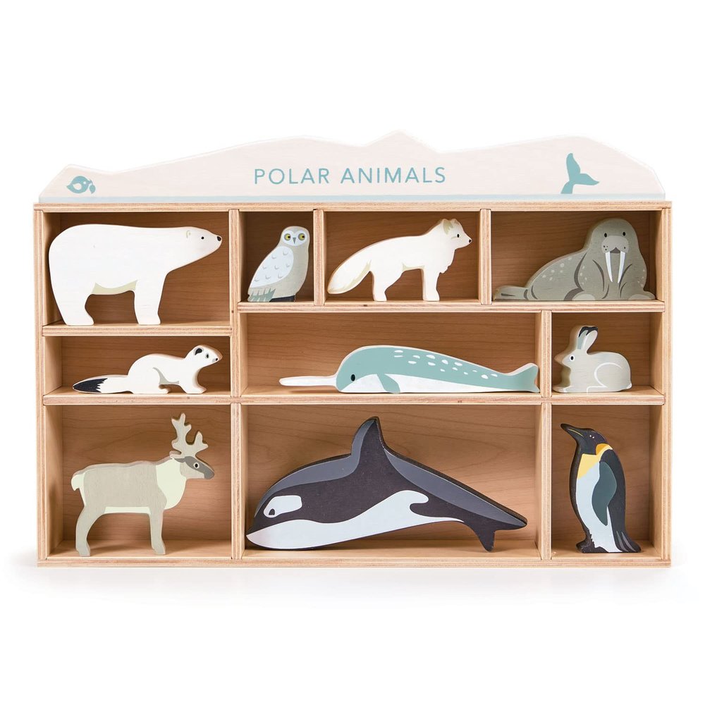 Tender Leaf Toys - Polar Animals - 10 Solid Wood Polar Animals with Shelving Unit - Made for Little Hands, Improve Hand-Eye Coordination for Boys and Girls - Age 3+