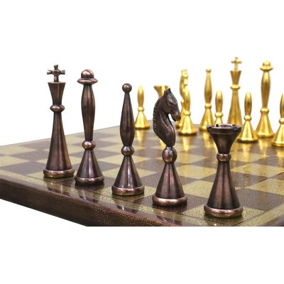 14" Brass Metal Modern Luxury Chess Pieces & Board Set- Antique Copper & Gold