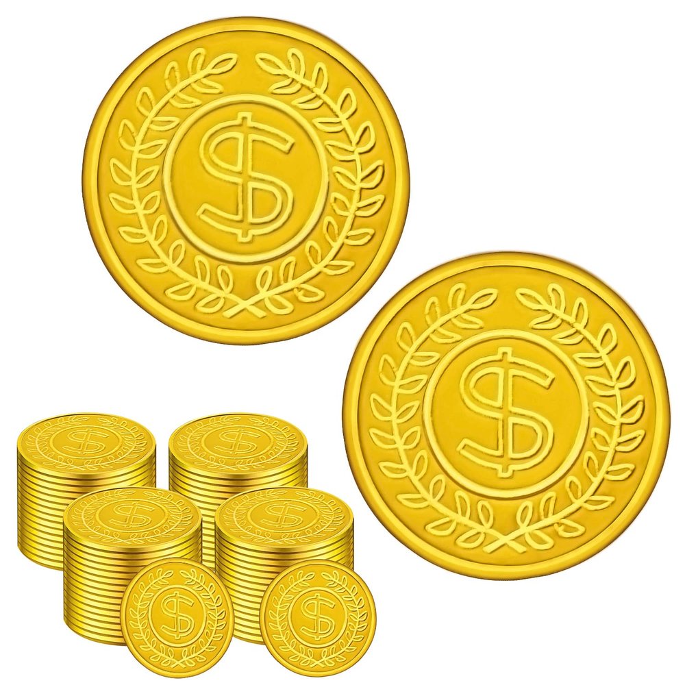 SpinLaLa 100 Count Plastic Gold Coins Set, Pirate Treasure Gold Play Coins for Party Theme Props Decorations, Lucky Draw Games Treasure Hunt