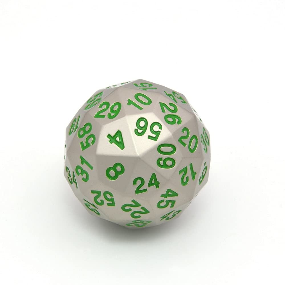 ZX Metal 60 Sided Polyhedral Dice with Velvet Pouch for Tabletop Games DND MTG Math Teaching T302 (Color : Silver w Green Ink)