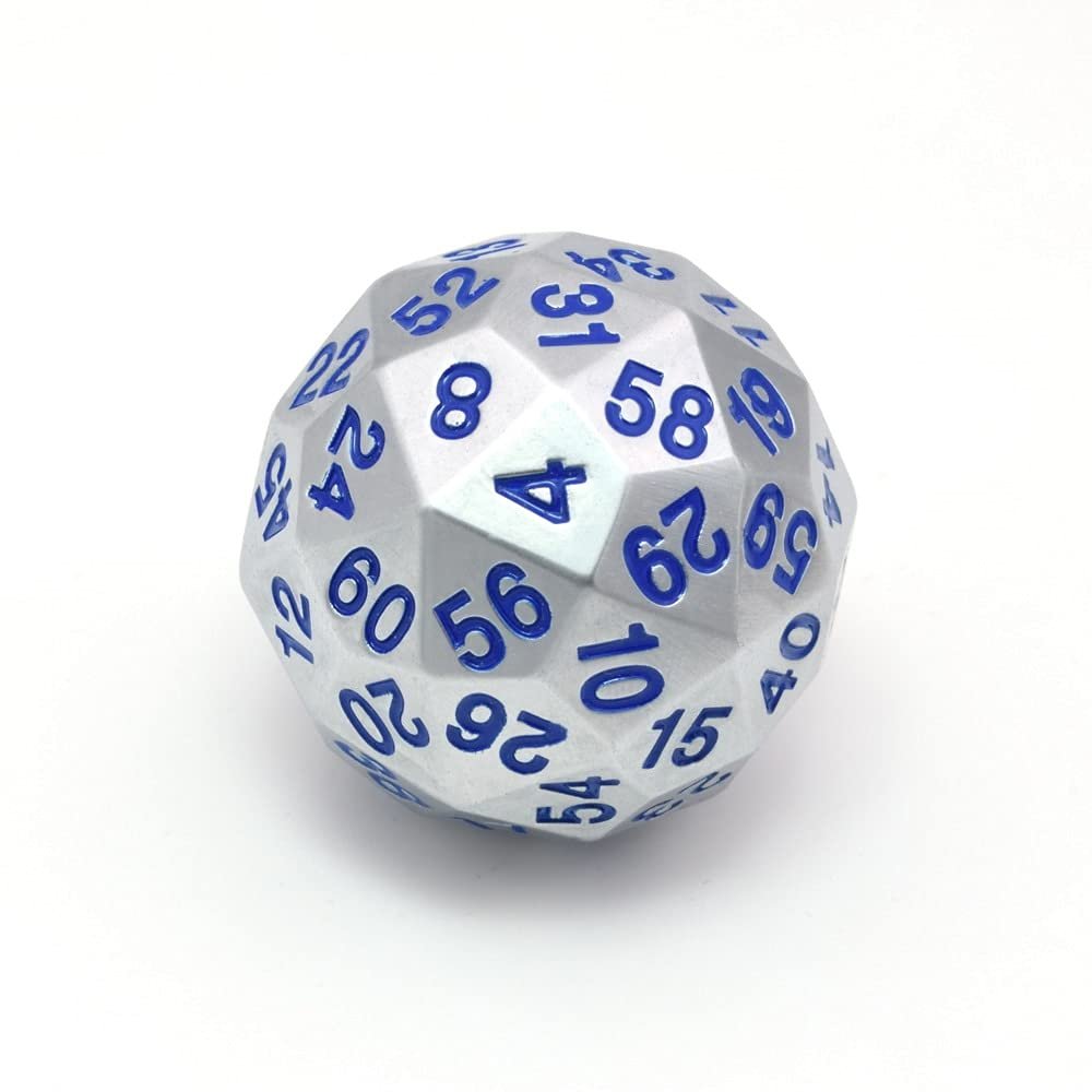 ZX Metal 60 Sided Polyhedral Dice with Velvet Pouch for Tabletop Games DND MTG Math Teaching T302 (Color : Silver w Blue Ink)