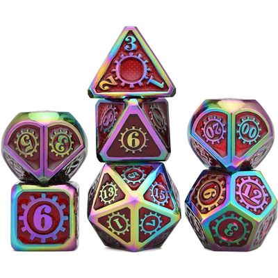 ZX Metal Polyhedral Dice Set for Tabletop Games DND D4 D6 D8 D10 D% D12 D20 Math Games T302 (Color : Red with Rainbow)