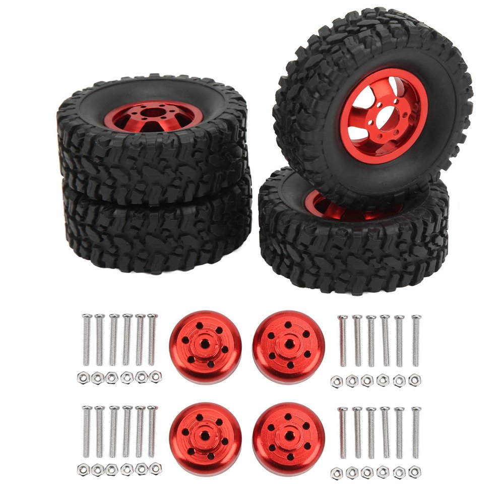 RC Wheels, Durable 4WD Rubber Tires Aluminum Alloy Hub for 1/16 Scale Off-Road Racing Drifting Crawling Hobbyists and Enthusiasts (Red)