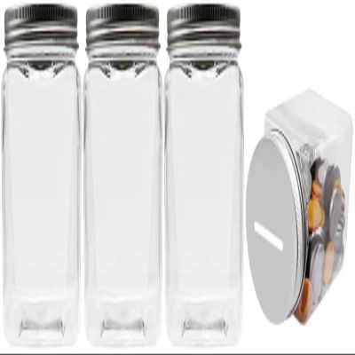 Mczxon Small Coin Bank Jars 4-Pack, 16oz Clear Plastic Coin Money Tip Coin Mason Jars with Silver Slotted Lids, Small Transparent Plastic Coin Money Piggy Banks Jars for Adults Teens Kids Girls Boys