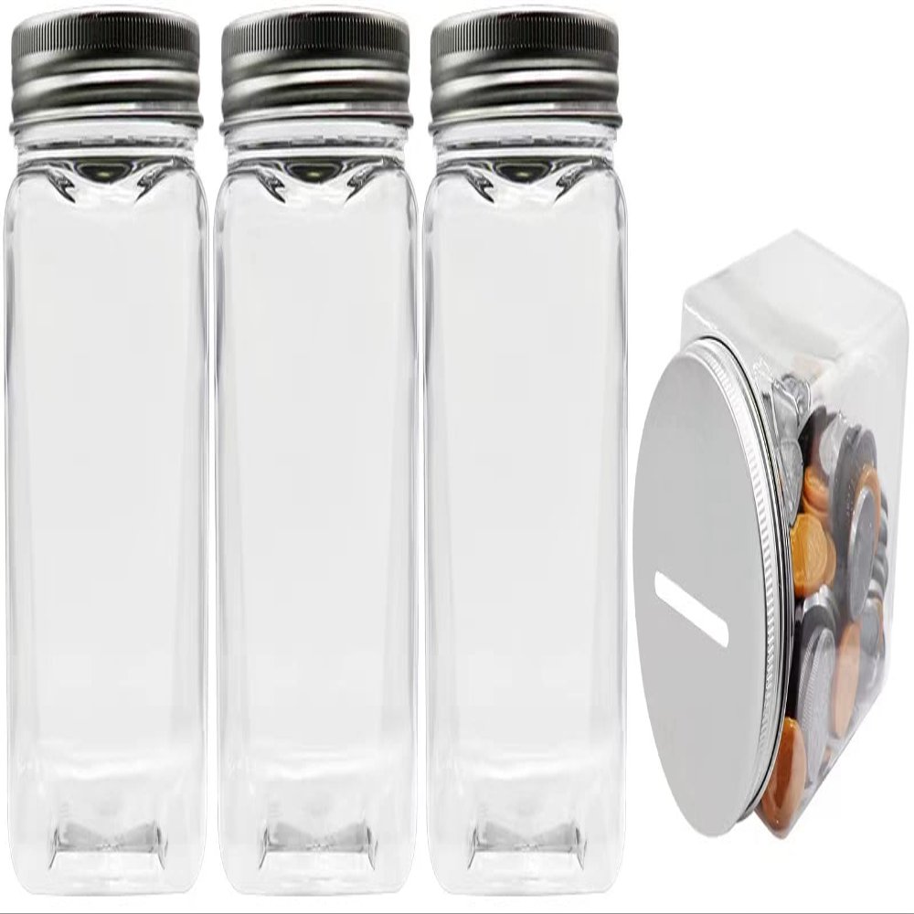 Mczxon Small Coin Bank Jars 4-Pack, 16oz Clear Plastic Coin Money Tip Coin Mason Jars with Silver Slotted Lids, Small Transparent Plastic Coin Money Piggy Banks Jars for Adults Teens Kids Girls Boys