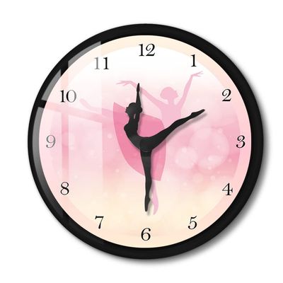 Timethink Ballet Girl Princess Pink Metal Frame Wall Clock, Quiet Sweep Quartz Baby Girl Dancing Black Aluminum Frame Wall Clock with Ballerina Moving Leg for Living Room Girl Bedroom Dance room Decor