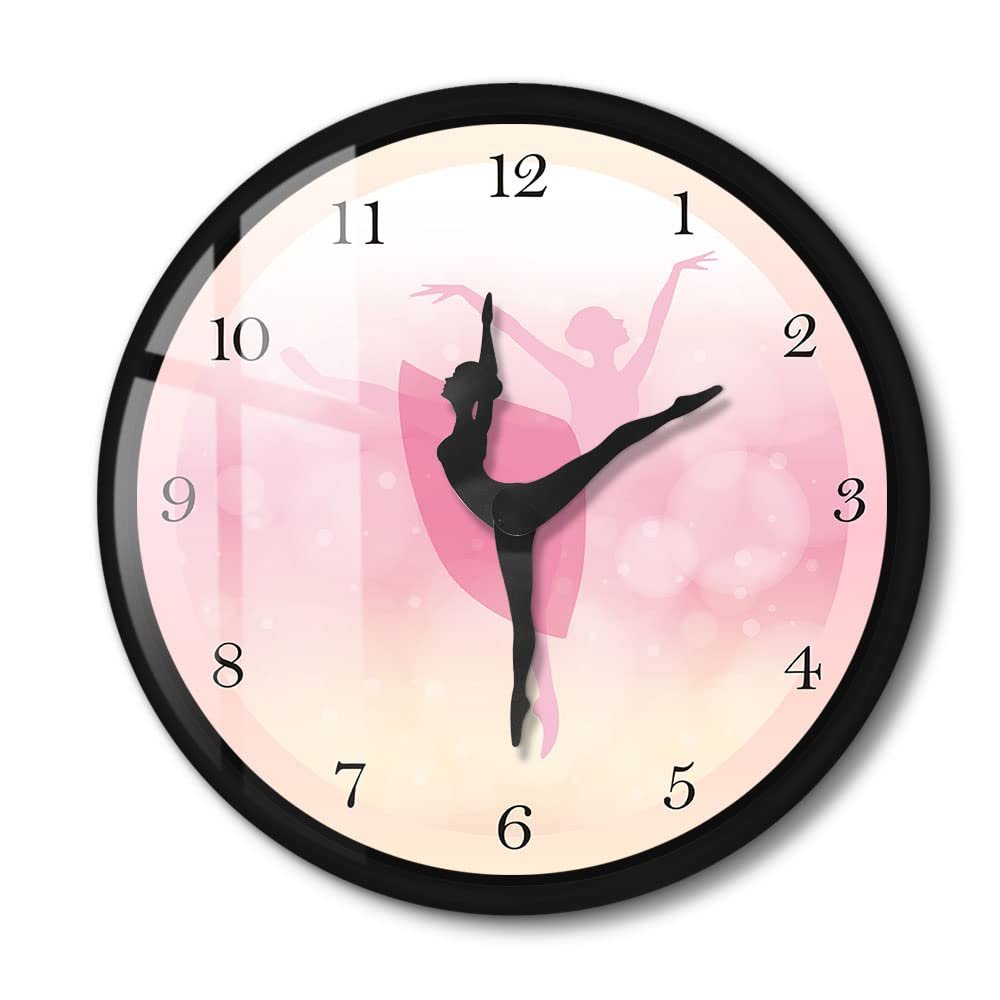 Timethink Ballet Girl Princess Pink Metal Frame Wall Clock, Quiet Sweep Quartz Baby Girl Dancing Black Aluminum Frame Wall Clock with Ballerina Moving Leg for Living Room Girl Bedroom Dance room Decor