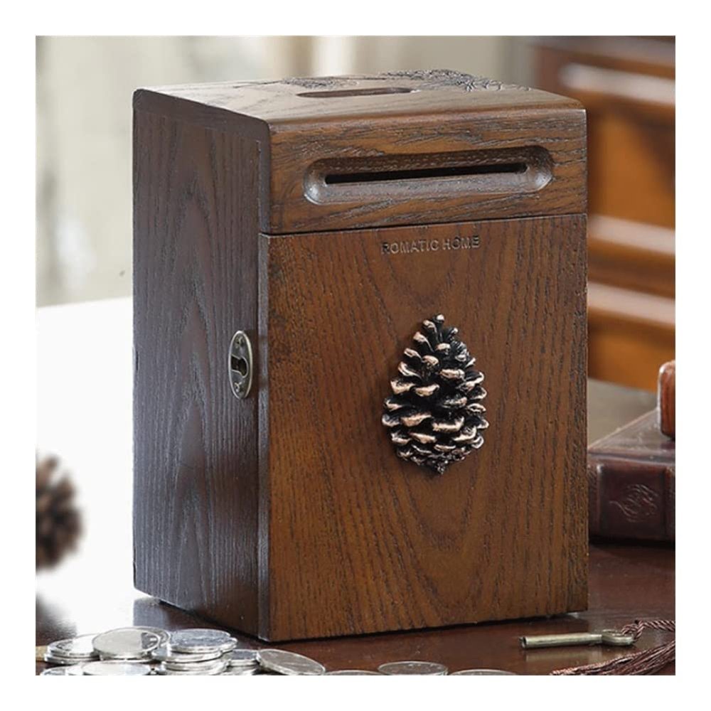 Countertop Cuboid Piggy Bank Wooden Retro Mini Money Bank with Lock for Kids and Adults,Handmade with Carving Coin Bank 7.5in Toy (Color : B)