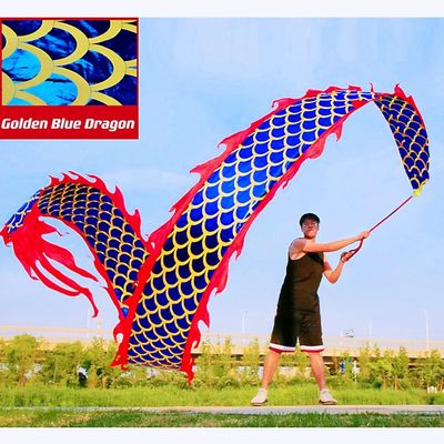 3D Dragon Poi with 340g Weighted Ball & 1.1 Meters Swing Rope - Silk Flowy Shaking & Flinging Chinese Golden Dragon Ribbon Streamer + Travel Carry Bag! (8 Meters (26.2 FT), Golden Blue Dragon)