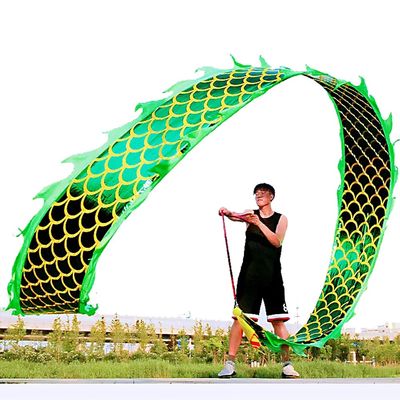 DSJUGGLING 3D Dragon Poi with 340g Weighted Ball & 1.1 Meters Swing Rope - Silk Flowy Shaking & Flinging Chinese Golden Dragon Ribbon Streamer + Travel Bag! (8 Meters (26.2 FT), Golden Green Dragon)
