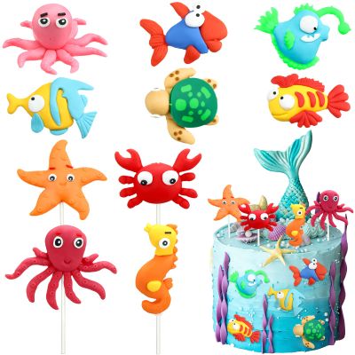 10 Pieces Under the Sea Cake Topper Decorations Ocean Cupcake Decorations Crab Cakes Topper Fishing Cake Sea Animal Party Decoration for Baby Shower Supplies Ocean Theme Birthday Party Supplies