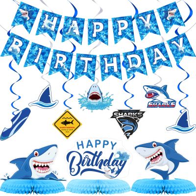 28 Pieces Shark Party Supplies Set Includes 12 Hanging Swirls Shark Happy Birthday Banner 12 Hanging Cutouts 3 Birthday Honeycomb Centerpiece for Party Decorations