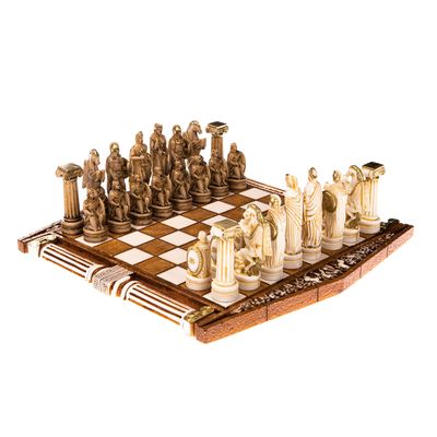 BeautifulGreekStatues Chess Set with Alabaster Board Ancient Greek Gods & Soldiers Gold Tone 13.7x13.7 inches