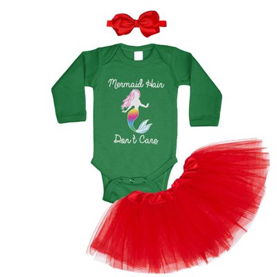 Tcombo Mermaid Hair Don't Care - Beach Summer Long Sleeve Baby Bodysuit + Tutu Skirt + Bow Headband Set (Long Sleeve Green Bodysuit/Red Tutu, Newborn)