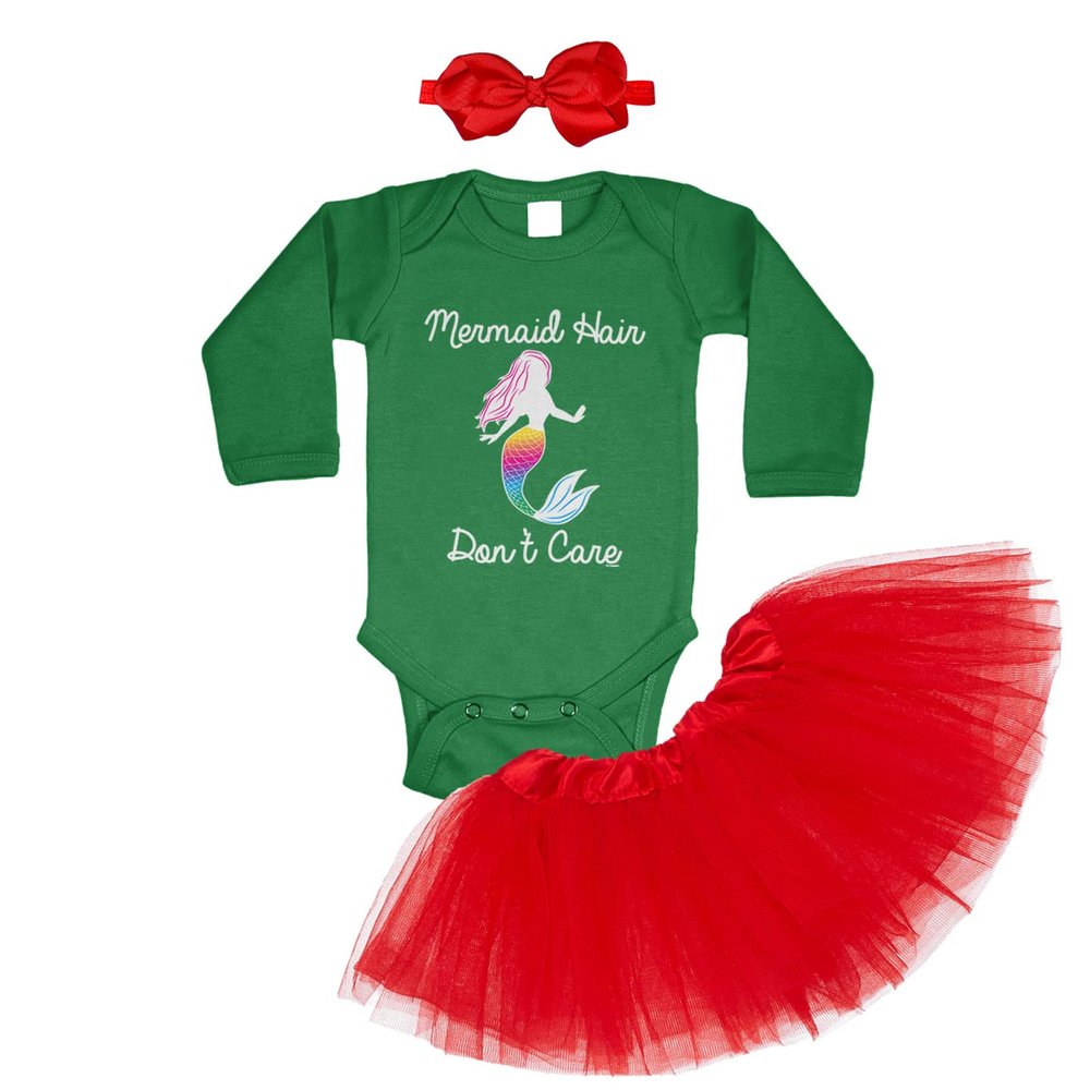 Tcombo Mermaid Hair Don't Care - Beach Summer Long Sleeve Baby Bodysuit + Tutu Skirt + Bow Headband Set (Long Sleeve Green Bodysuit/Red Tutu, Newborn)