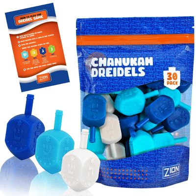 Zion Judaica Hanukkah Dreidels Multi Blue, White Medium Size Dridels Bulk Plastic Drydlech Hebrew Letters and English Transliteration Includes Traditional Chanukah Game Guide Ziplock Bag Hanuka Fun
