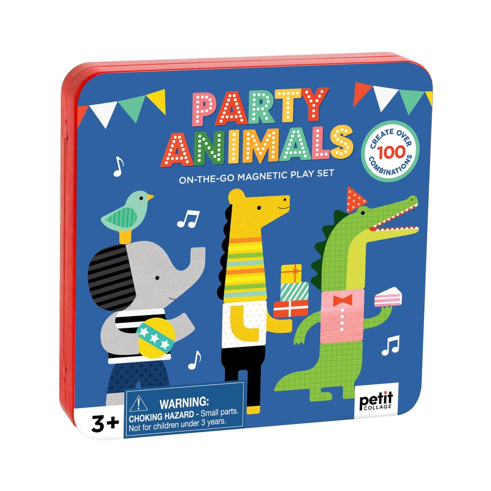 Petit Collage Magnetic Play Set, Party Animals Mix & Match Magnetic Game Board, Ideal for Ages 3+ Includes 2 Magnetic Scenes and Over 25 Magnet Pieces, Ideal Travel Activity for Kids