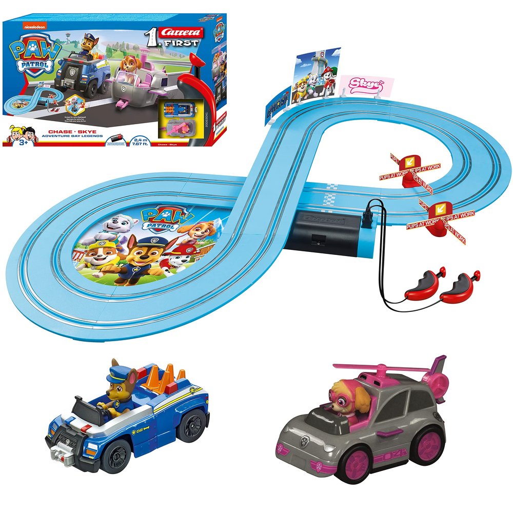 Carrera First Paw Patrol - Slot Car Race Track - Includes 2 Cars: Chase and Skye - Battery-Powered Beginner Racing Set for Kids Ages 3 Years and Up, Multi
