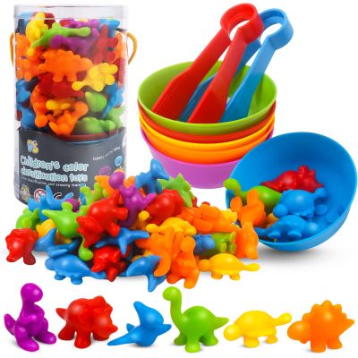 GKDOMS Counting Dinosaurs Toys Matching Game with Sorting Bowls Preschool Learning Activities Montessori Sensory Toys for Math Color Sorting, Party Favors Birthday Valentine's Gifts for Toddlers
