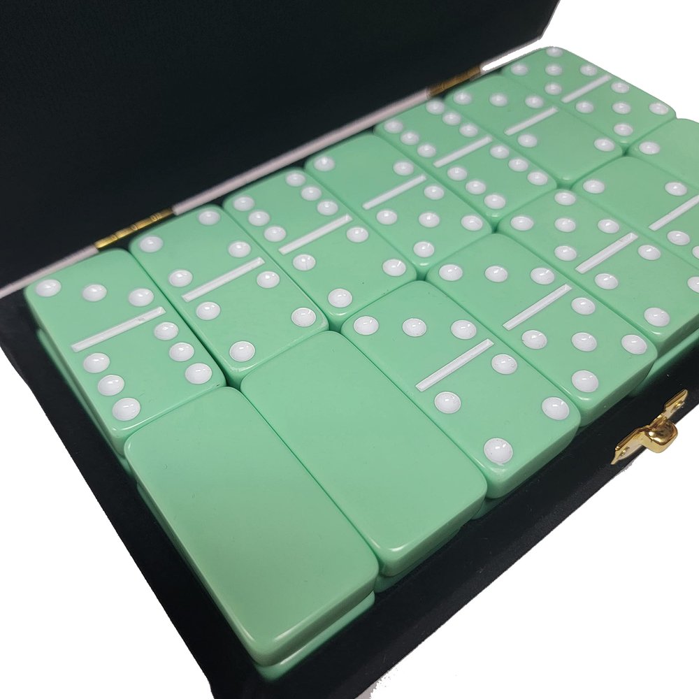 Marion Domino Double 6 Pastel Mint Green Jumbo Tournament Professional Size in Elegant Black Velvet Case.