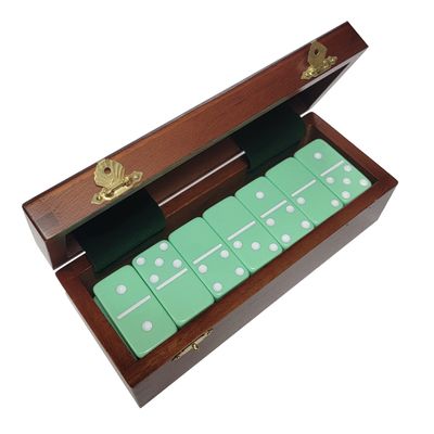 Marion Domino Double Six Pastel Mint Green Jumbo Tournament Professional Size in Dovetail Sheesham Wood Box.