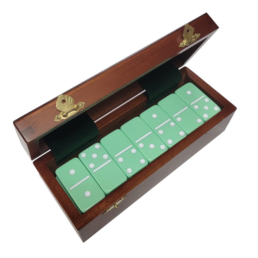 Marion Domino Double Six Pastel Mint Green Jumbo Tournament Professional Size in Dovetail Sheesham Wood Box.