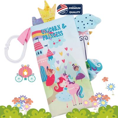 bebe mondo Unicorn Baby Books 0-6 Months Toys 6 to 12 Months, Touch Feel Cloth Crinkle Books for Babies,Infants, Soft Sensory Stroller Toys, Christmas Baby Gifts Shower Items, Chweing Book (Princess)