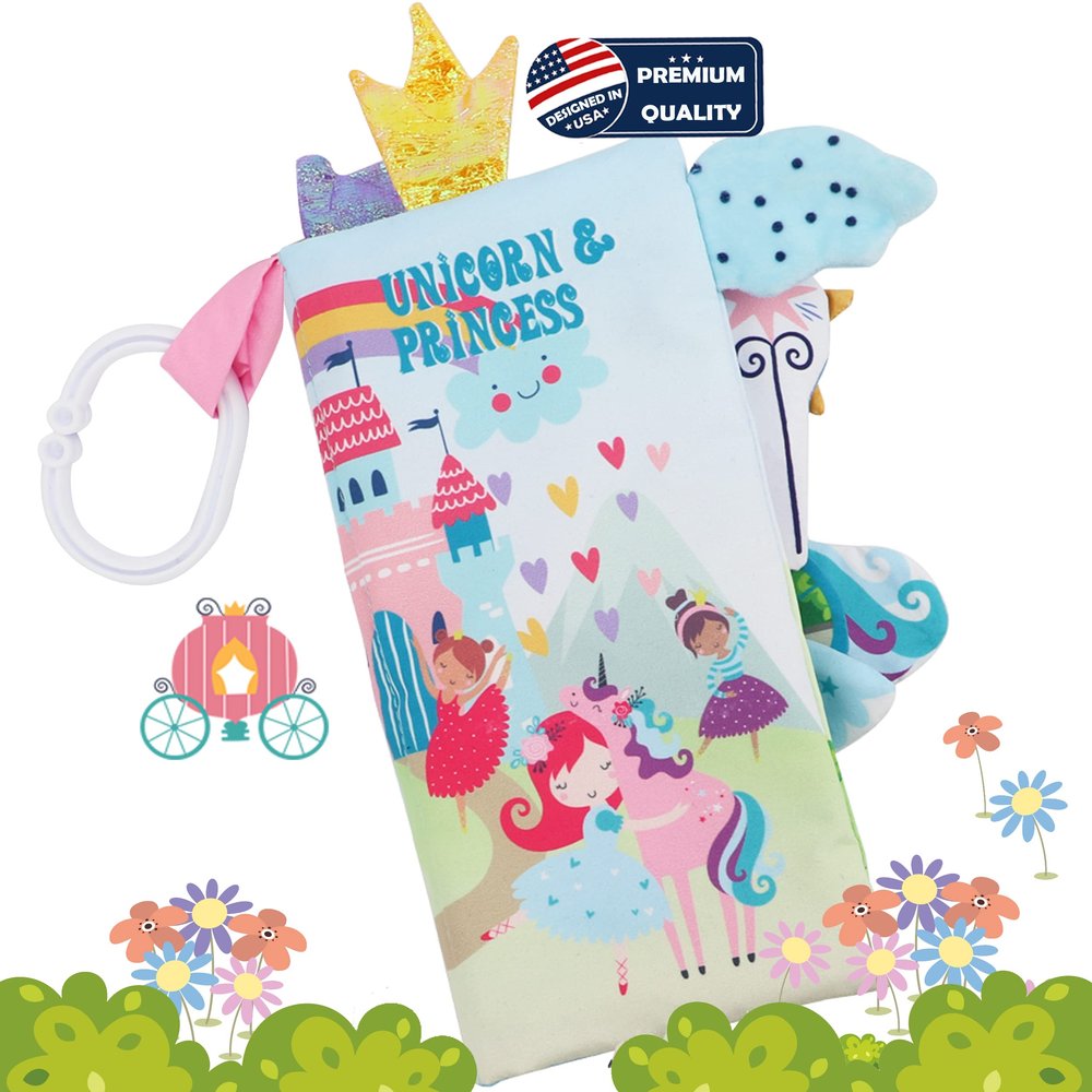 bebe mondo Unicorn Baby Books 0-6 Months Toys 6 to 12 Months, Touch Feel Cloth Crinkle Books for Babies,Infants, Soft Sensory Stroller Toys, Christmas Baby Gifts Shower Items, Chweing Book (Princess)