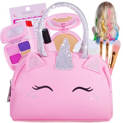 Pretend Play Makeup Kit for Little Girls with Unicorn Purse: Fake (Not Real) Make up Toy Set for Toddlers and Kids - Includes Hair and Nails Accessories, Baby Girl Toys Princess Toddler Gift Set